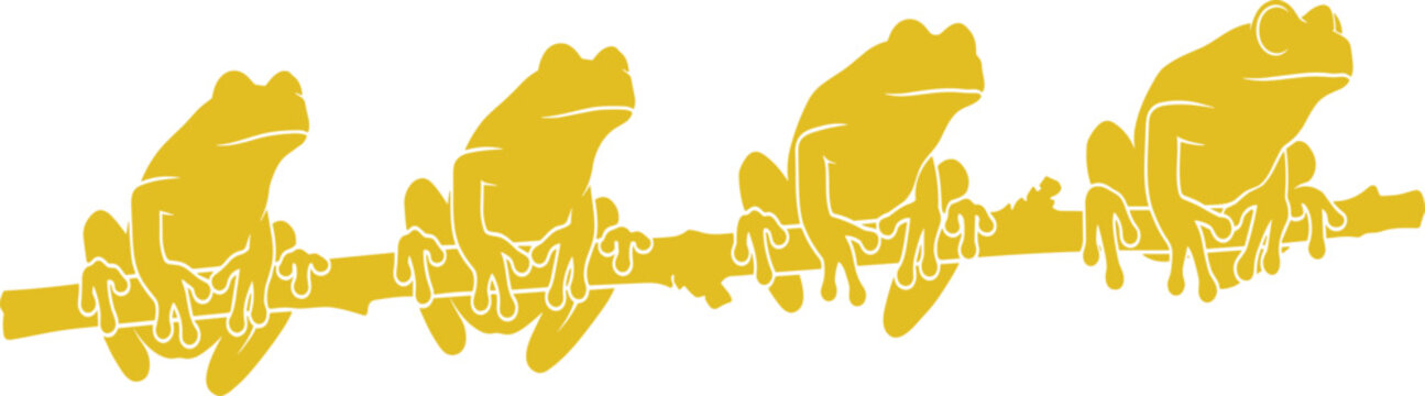 Four yellow tree frogs silhouette sitting together on branch, wild amphibian animal vector illustration, nature wildlife golden graphic design art