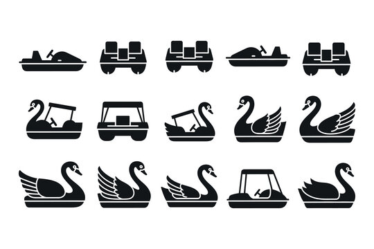 Black silhouette icons of pedal boats and swan boats in a park or lake setting