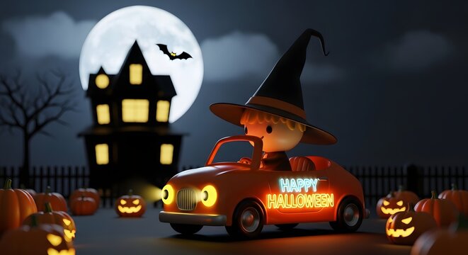 Cute cartoon witch driving a small orange car with happy halloween text at night with a spooky haunted house and pumpkins