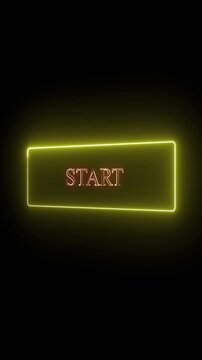 Neon sign animation with start text. Neon sign yellow rectangular interface. Neon sign digital technology graphic on black background.