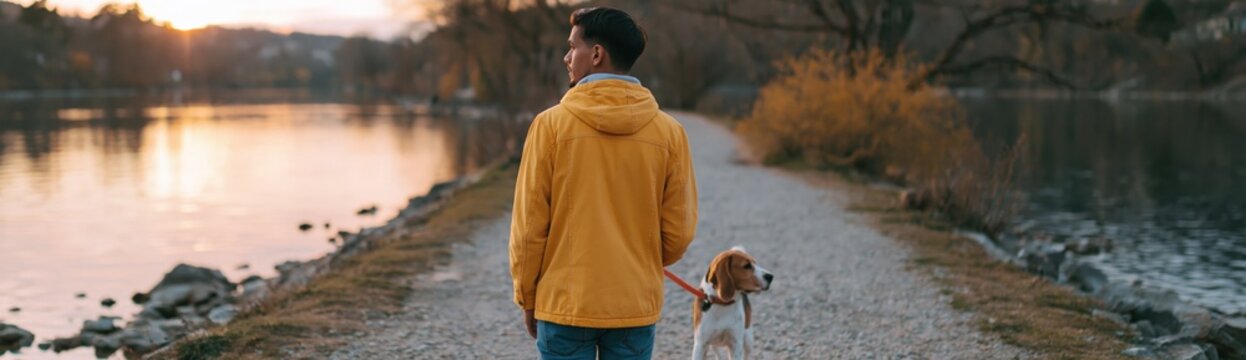 Man walking dog on a narrow river path at dusk for outdoor background and lifestyle banner design