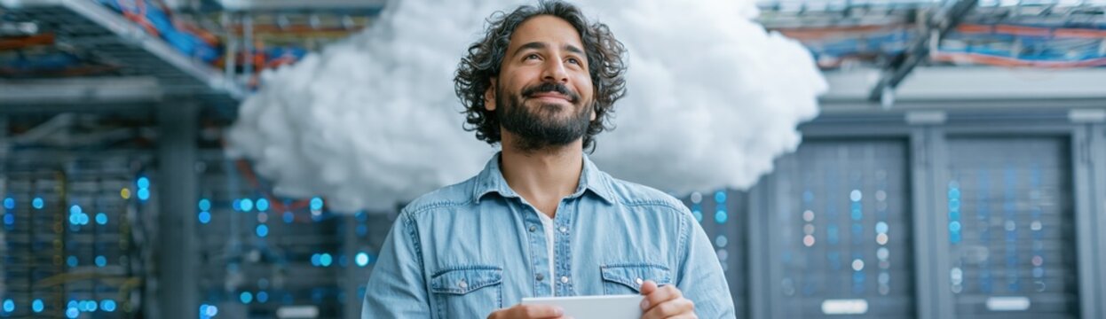 Smiling engineer holding tablet with cloud above in a data center aisle for cloud computing banner and technology background design