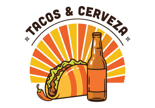 Liquor Bottle and Pizza Slice Emblem with Flames and Sunburst Rays, Illustrated with "Tacos & Cervezas" Text