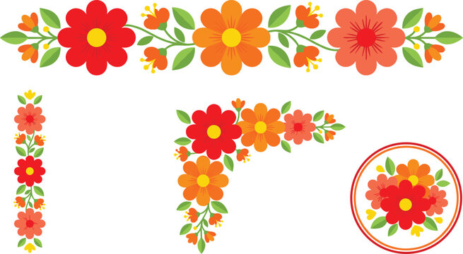 Mexican fiesta floral vector set featuring colorful folk art horizontal border vertical stripe corner frame and round medallion garland