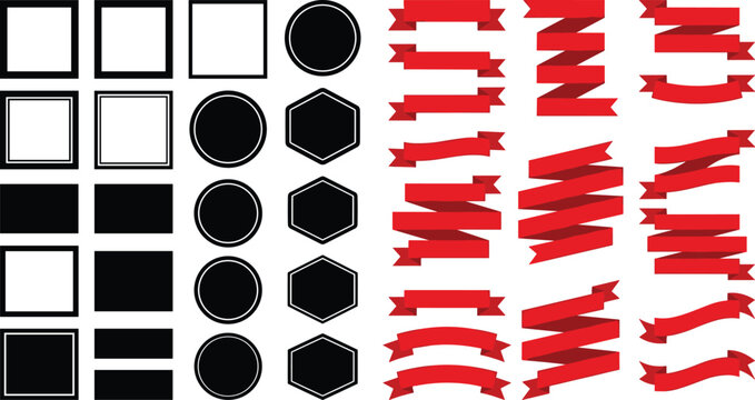 Graphic design template vector bundle featuring red blank ribbon scrolls alongside black square circle hexagon badge frame labels