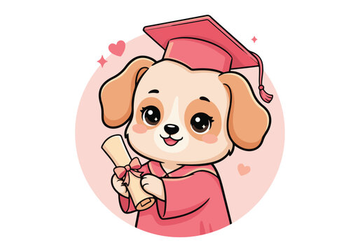 Dog Graduation Cap Cartoon Character with Pink Hearts and Sparkles Wearing a Pink Robe Smiling Happily