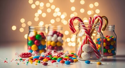 Fototapeta premium Glass jars filled with colorful candies and candy canes with soft bokeh lights background