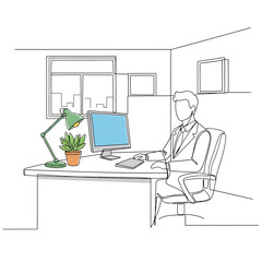 Obraz premium Man Working at Desk with Computer - Minimalist Office Illustration