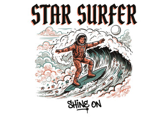 Fototapeta premium Surf Rider Astronaut on Wave with Clouds and Stars, Plus 