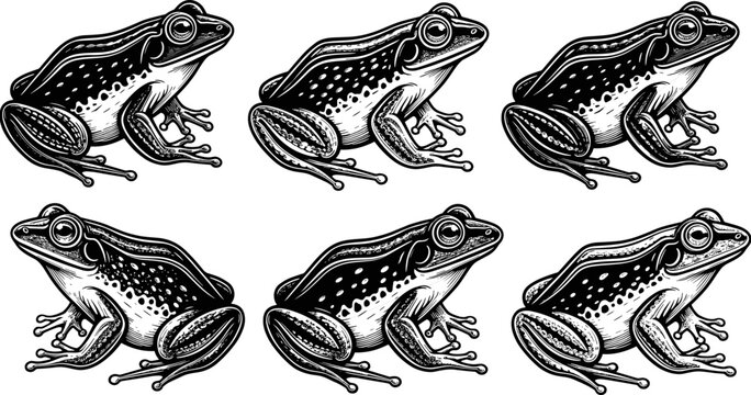 Vintage woodcut style frog illustration set, engraved black and white amphibian sketches, wildlife nature icons, retro pond life animal collection.
