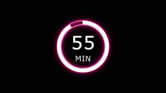 Glowing pink circle timer displays 55 minutes on dark background