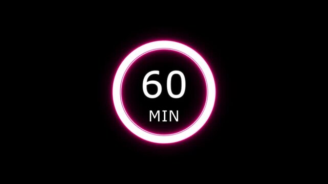 Neon pink circular timer indicates 60 minutes on black background