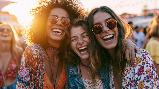 Stylish Young Women Enjoying Summer Party and Friendship Outdoors