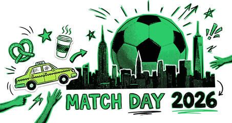 Fototapeta premium Football halftone art collage set. Soccer world cup match day stickers with city skyline, ball, taxi, and pretzel. Modern retro grunge mixed media doodles.