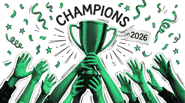 Football halftone art collage set. Soccer world cup victory stickers with hands lifting trophy, confetti, and 2026 tag. Modern retro grunge mixed media doodles.
