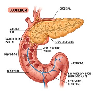 Anatomical diagram of the human duodenum with labeled parts.