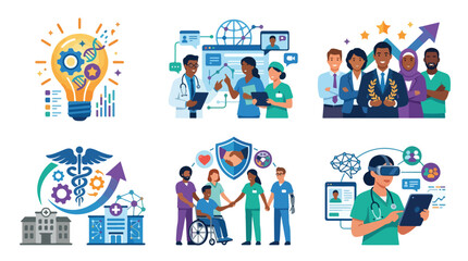 Fototapeta premium Set of medical and healthcare technology concept illustrations with diverse doctors and patients.