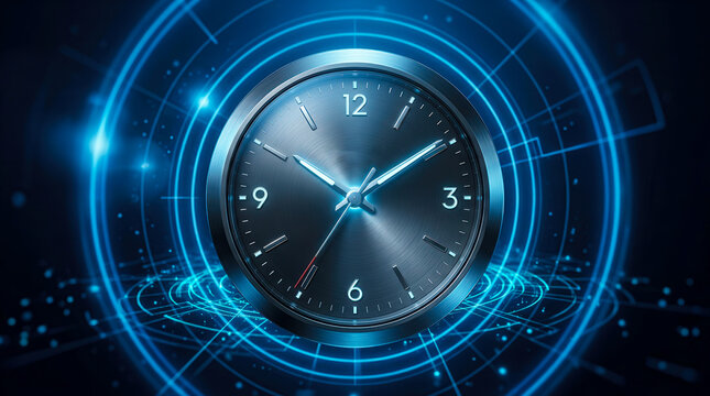 A sleek metallic clock face surrounded by glowing blue digital light rings representing advanced time technology concepts