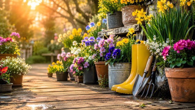 Colorful spring flowers in rustic garden pots during golden hour sunlight