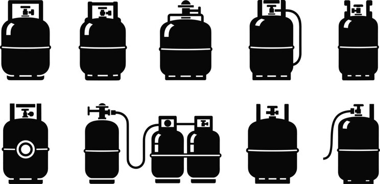 Gas cylinder icon set, propane tank silhouettes, vector collection of fuel containers for cooking, industrial energy, and storage.