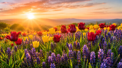 Obraz premium Sunrise over blooming wildflower meadow in golden light with misty hills