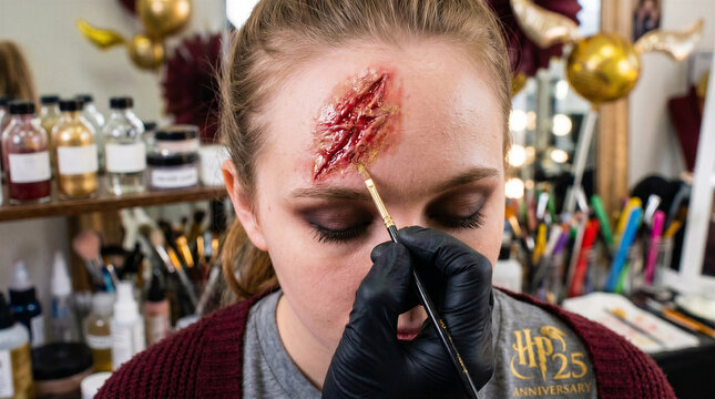 Professional makeup artist applying realistic SFX gore scar on woman forehead with a brush inside a beauty studio for fantasy festival and wizarding anniversary celebration