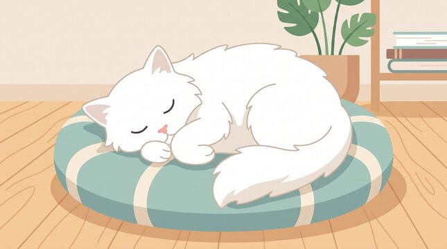 White cat sleeping peacefully on teal pet bed in cozy indoor home setting