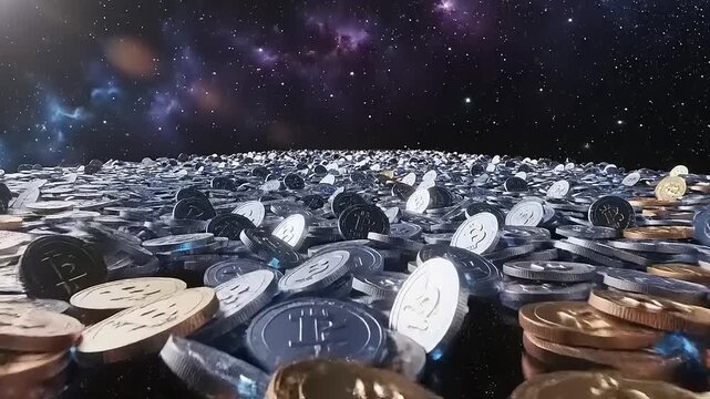 Bitcoin cryptocurrency coins in space.