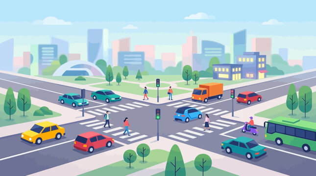 City intersection illustration: cars, pedestrians, traffic lights
