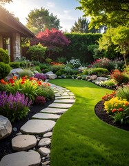 Obraz premium Beautifully landscaped garden with stone pathway.