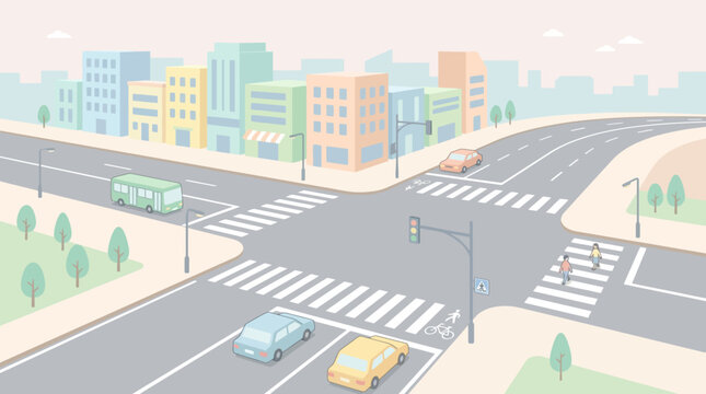 City intersection with cars, bus, pedestrians, and buildings