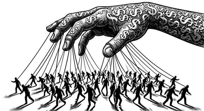 Giant hand covered in dollar sign symbols controlling a crowd of tiny people with strings like a puppeteer in this detailed black and white illustration