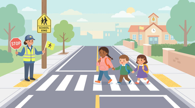 Children crossing road with school traffic warden