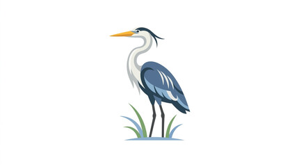 Fototapeta premium A stylized illustration of a grey heron standing upright in marsh grass, depicted with clean lines and a muted blue and grey color palette against a stark white background