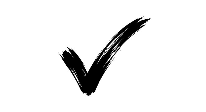 Bold black ink brush stroke check mark symbol isolated on a clean white background representing completion success approval validation and positive feedback for business tasks