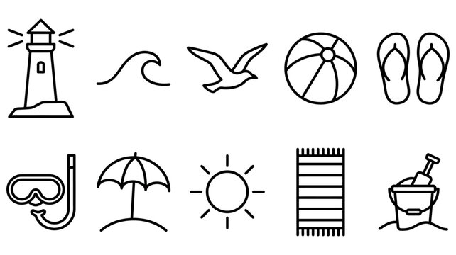 A collection of minimalist line art icons depicting various beach and summer elements including a lighthouse wave bird ball flip flops snorkel umbrella sun towel and sand bucket