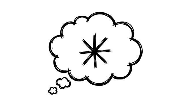 Hand drawn black ink thought bubble containing a star shaped asterisk symbol isolated on a clean white background created in a simple sketch style artistic manner