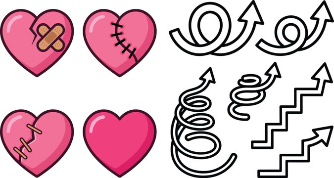 Pink healing hearts with bandages and stitches vector set alongside abstract spiral loop and zigzag stairs growth arrows