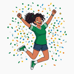 Fototapeta premium Celebration of Victory: A young woman in green jumps for joy amidst a shower of colorful confetti, her arms raised in triumph. Capturing the spirit of winning and pure elation.