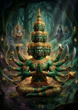 Powerful multi-headed green deity meditating peacefully in a mystical forest. Majestic fantasy artwork full of spiritual energy.