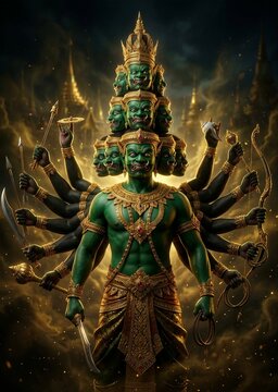 Powerful multi-headed green deity meditating peacefully in a mystical forest. Majestic fantasy artwork full of spiritual energy.