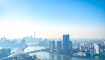 Fototapeta premium 都会のビル街のぼやけたイメージ画像 青空の背景 ソフトフォーカス、背景ボケ