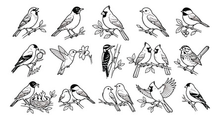 Vintage bird illustrations, 15 black and white songbird vector icons, hand drawn garden birds © usmi