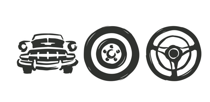 Blue vintage car icons including classic front view wheel and steering wheel for retro branding