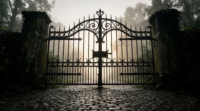 Antique wrought iron gates closed in a misty forest at dawn