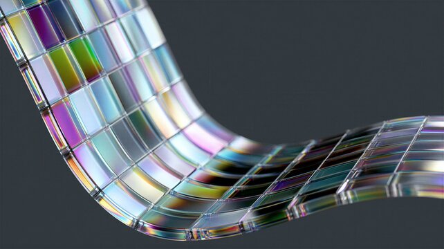 Waving curved ribbon of iridescent glass square tiles against dark background abstract 3D design