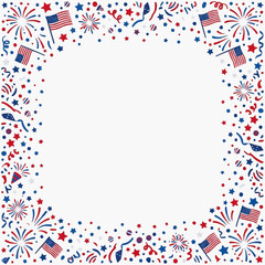 Obraz premium American Celebration Frame: A vibrant, patriotic frame bursting with American flags, fireworks, confetti, and stars, perfect for invitations, announcements, or decorative purposes.