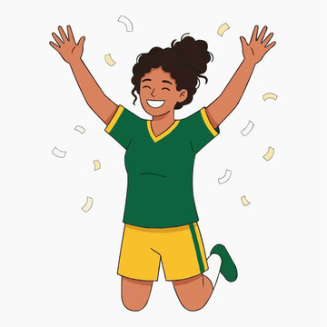 Joyful Victory Celebration: A young woman in athletic wear leaps with excitement, her arms raised in triumph as confetti rains down around her, signifying a moment of pure elation and success.