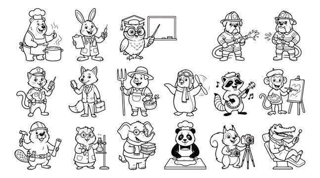 Cartoon animal professions coloring page, 18 cute career characters, black and white outline vector