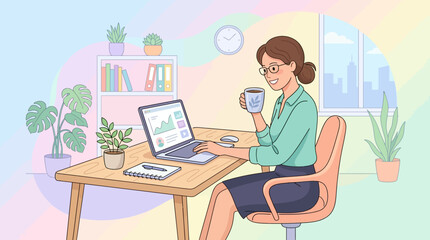 Obraz premium Woman working at home office drinking coffee with computer